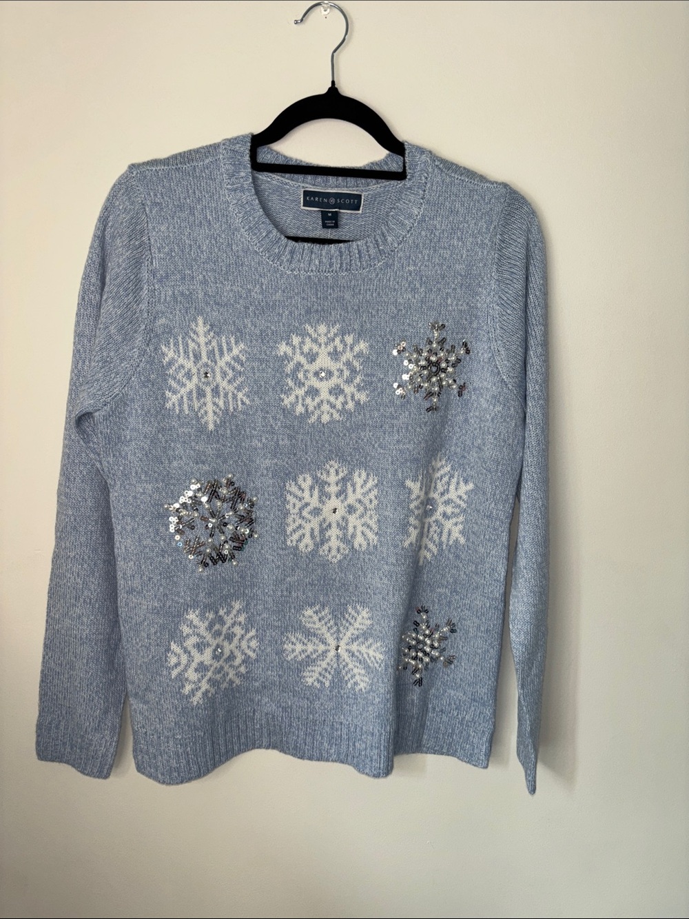 Karen Scott NWT Light Blue Snowflake Sequin Crewneck Sweater, sz M